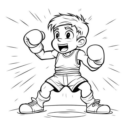 Black and White Cartoon Illustration of a Kid Boxer or Fighter T