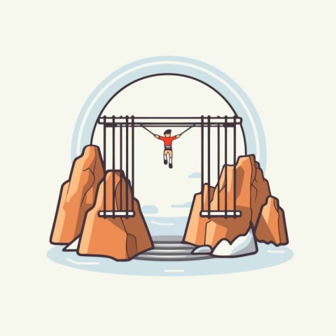 Suspension bridge in the mountains. Vector illustration in flat