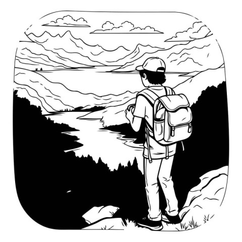 Hiker with backpack standing on the top of a mountain. Vector il