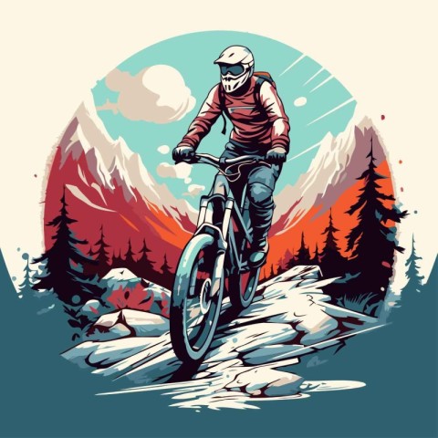 Mountain biker rides through the high mountains. Vector illustra