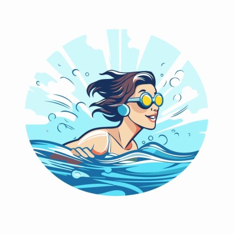 Vector illustration of a woman swimming in the sea with goggles