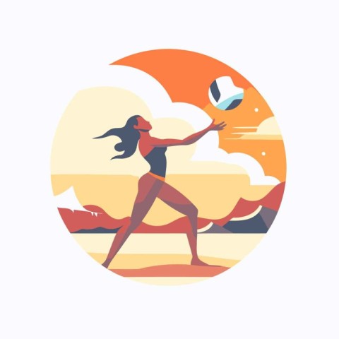 Woman playing volleyball on the beach. Vector illustration in fl