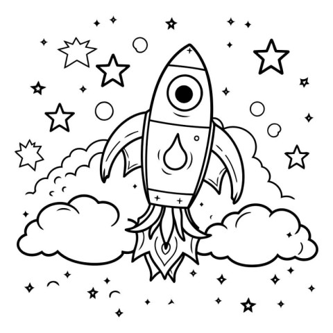 Coloring book for children: rocket in the clouds. Vector illustr