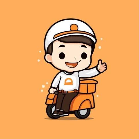 Cute Cartoon Delivery Boy on Scooter. Vector Illustration.