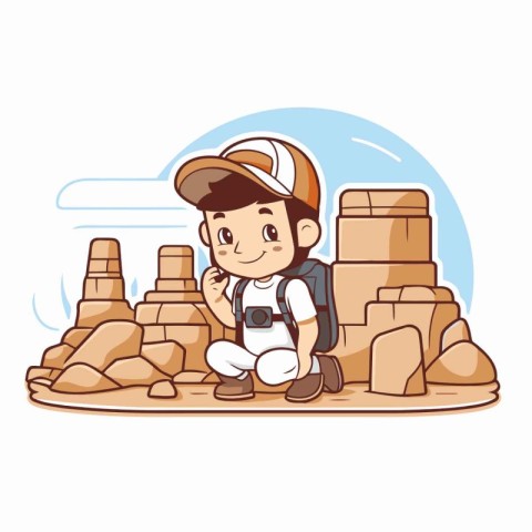 Hiking boy on the mountain. Vector illustration. Cartoon style.