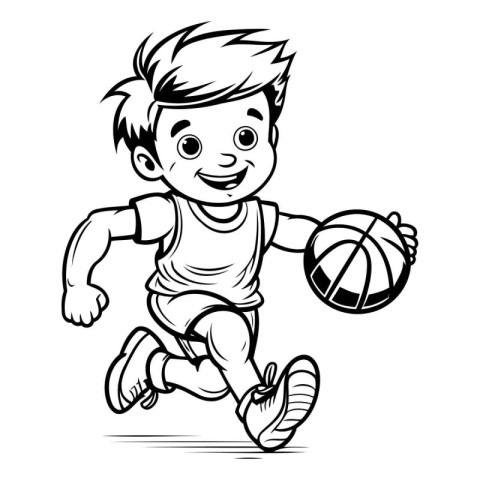 Basketball player running with ball - black and white vector ill