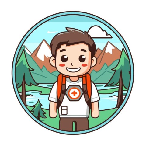 Cute boy tourist with backpack and map in circle. Vector illustr