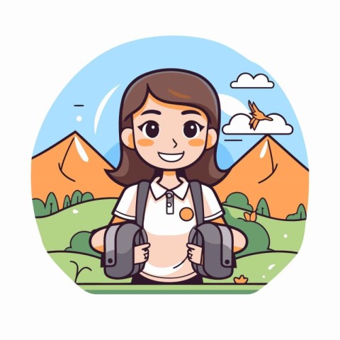 Little girl with backpack in mountains. Vector illustration in c