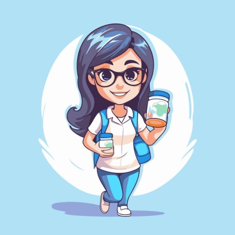 Cute school girl with backpack and coffee. Vector cartoon illust