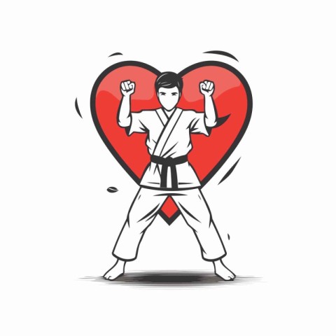 Karate man with a red heart. Vector illustration on white backgr