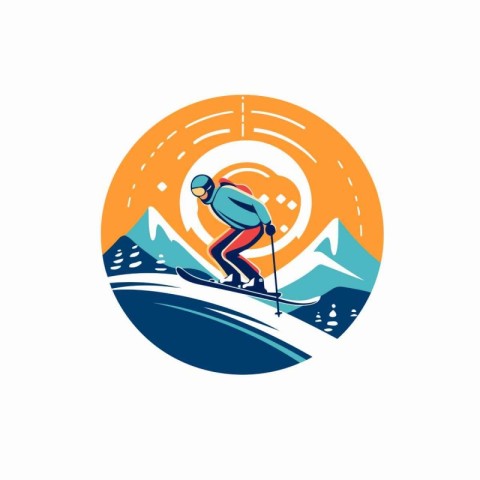 Skier logo template. Vector illustration of skier in the mountai