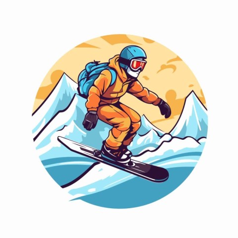 Snowboarder jumping in the mountains. Vector illustration in ret