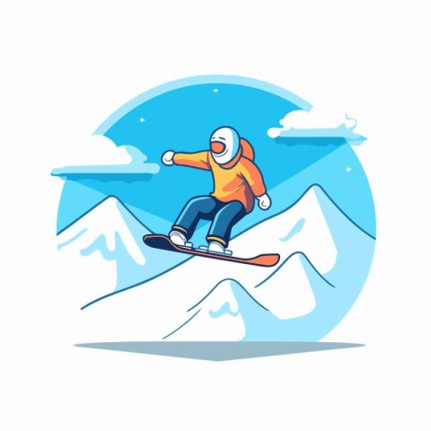 Snowboarder jumping in the mountains. Vector illustration in fla