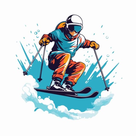 Vector illustration of skier in helmet and goggles skiing downhi