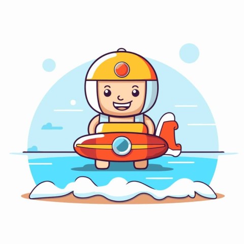 Cute little boy with toy airplane in the sea. Vector illustratio