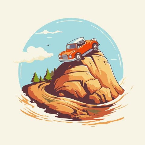 Retro car on the rock in the sea. Vector illustration.