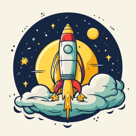 Space rocket with moon and stars. Vector illustration in cartoon