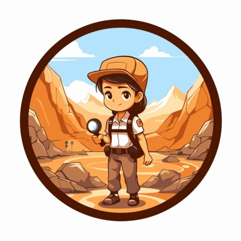 Boy explorer in the desert cartoon round icon vector illustratio