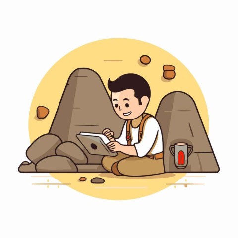 Tourist with a tablet. Vector illustration in a flat style.