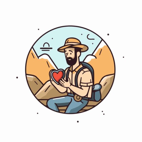 Hiker man with a heart in his hand. Vector illustration.