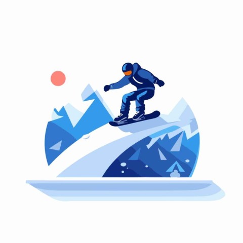 Snowboarder in helmet jumping on snowboard in mountains. Extreme