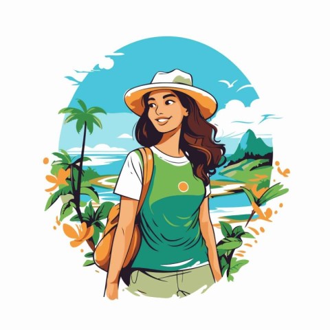 Tourist woman in hat and green t-shirt with backpack on the back