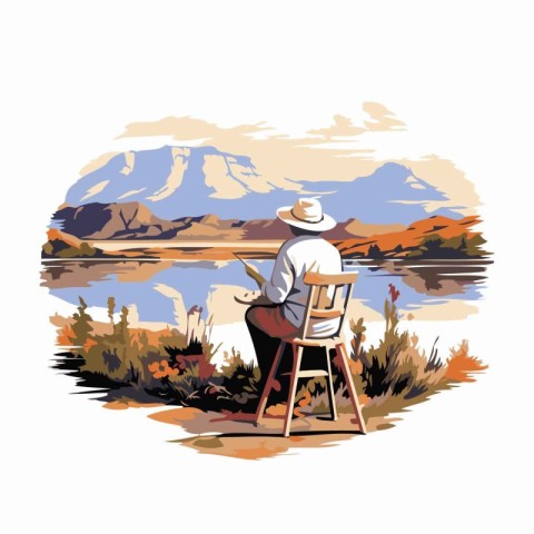 Fisherman sitting on a chair and watching the lake. Vector illus