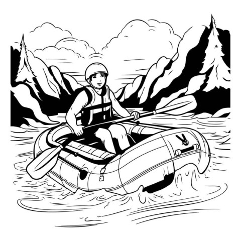 Rafting. Black and white illustration of a man paddling a kayak.