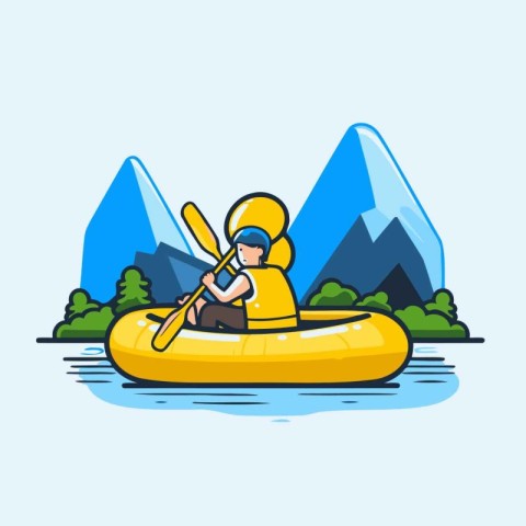 Man in kayak on the lake. Flat style vector illustration.