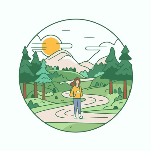 Young woman with backpack hiking in the forest. Vector illustrat