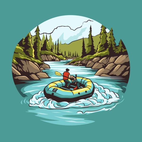 People rafting on a rubber boat in the river. Vector illustratio