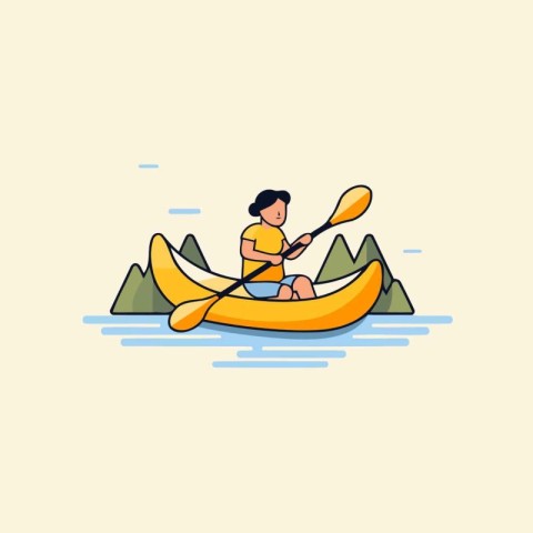 Cute boy in kayak. Flat design. Vector illustration.