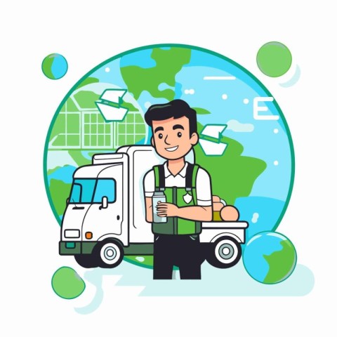 Vector illustration of delivery man with coffee cup and truck. F