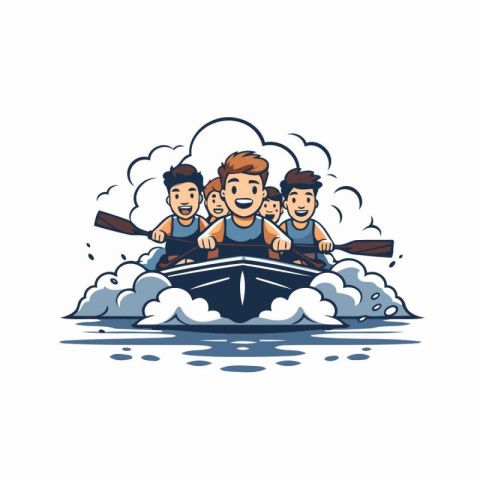 Group of men rowing on the boat. Vector Illustration.