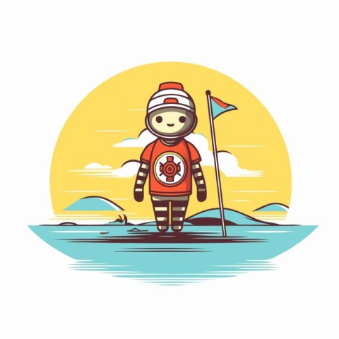 Cute cartoon astronaut on the background of the sea. Vector illu