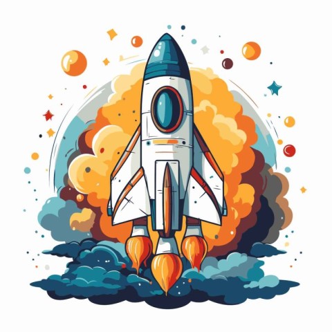 Space rocket flying in outer space. Cartoon vector illustration.