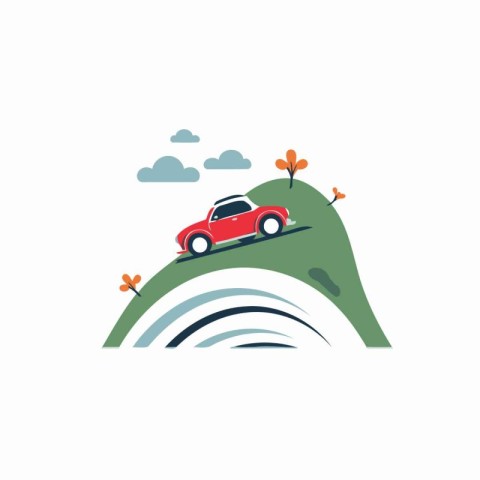 Car on the bridge over the river. Flat style vector illustration