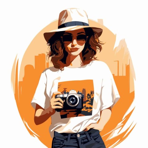 Vector illustration of hipster girl in hat and sunglasses with c