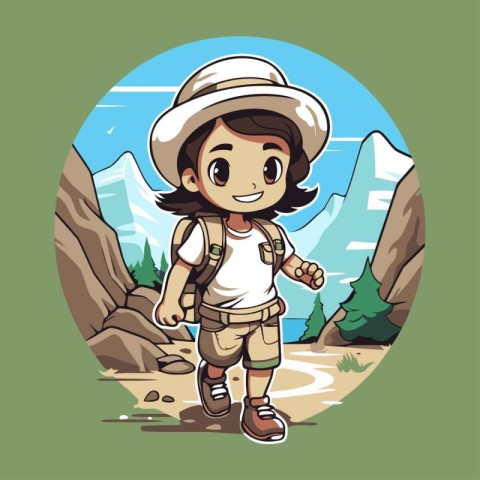 Hiking boy in mountains. Vector illustration of a boy with a bac