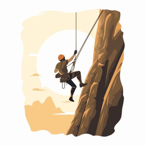 Man climbing on a cliff. Vector illustration in flat cartoon sty