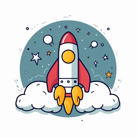 Space rocket with stars and clouds. Vector illustration in carto