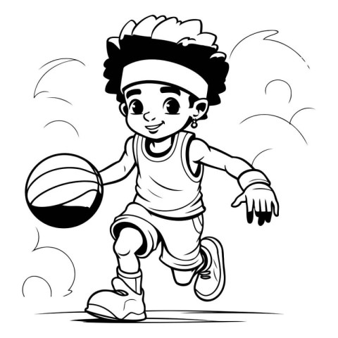 Black and white vector illustration of a boy playing basketball.