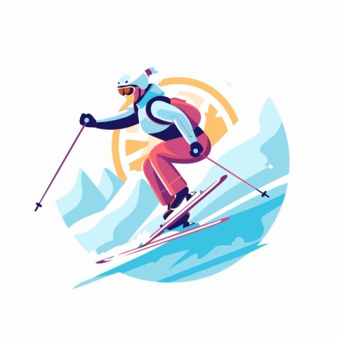 Skier skiing downhill. Winter sport. Vector illustration in flat