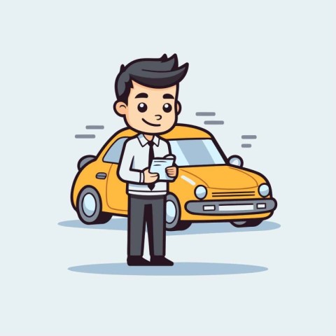 Businessman with phone and car. Vector illustration. Cartoon sty