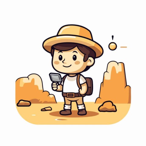 Cute little explorer boy with a map in hand. Vector illustration