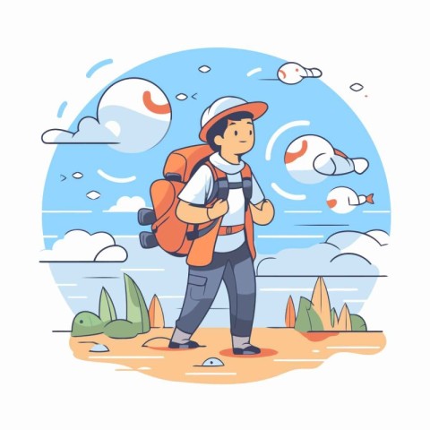 Tourist with a backpack on the background of the sea. Vector ill