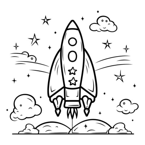 Rocket in the sky. Coloring book for kids. Vector illustration