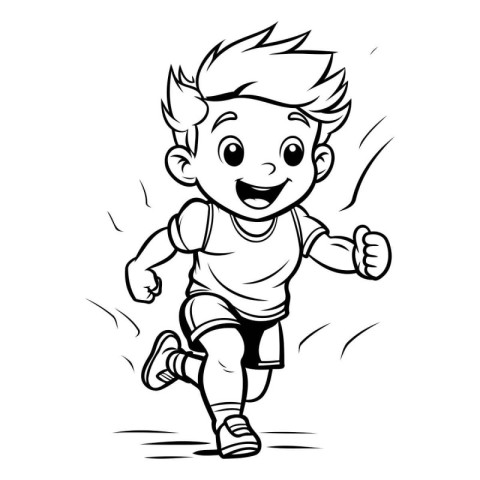 Cartoon Running Boy - Black and White Vector Illustration. EPS10