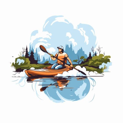 Man kayaking on the lake. Vector illustration in cartoon style.