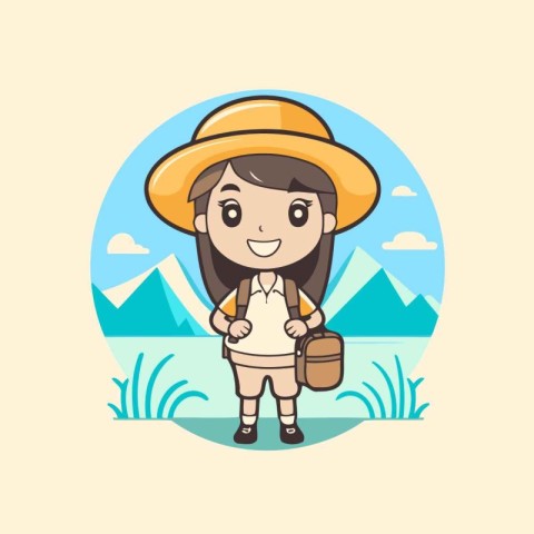 cute little girl wearing safari hat and holding travel bag. vect